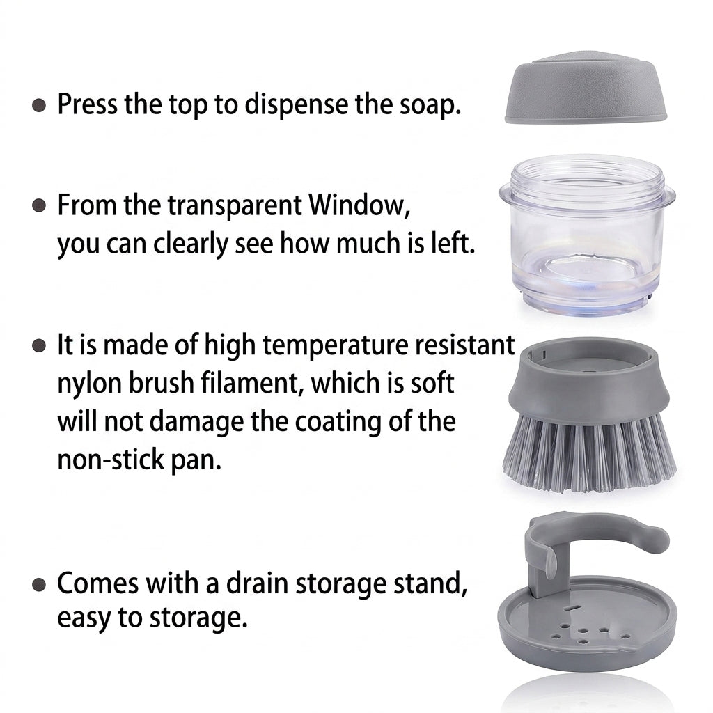 Dishwasher Brush with Push Soap Dispenser